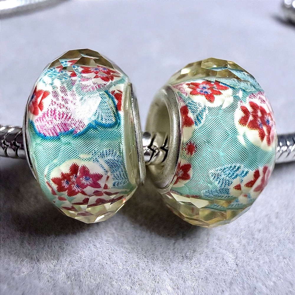 Mint Green Floral European Charm Beads fits PANDORA